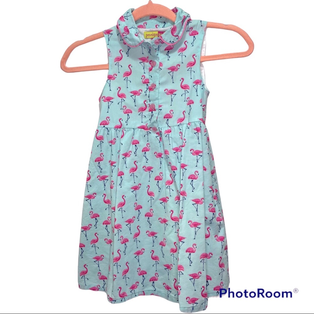 PENELOPE MACK girls sleeveless summer collared dress with Flamingo print, size 6